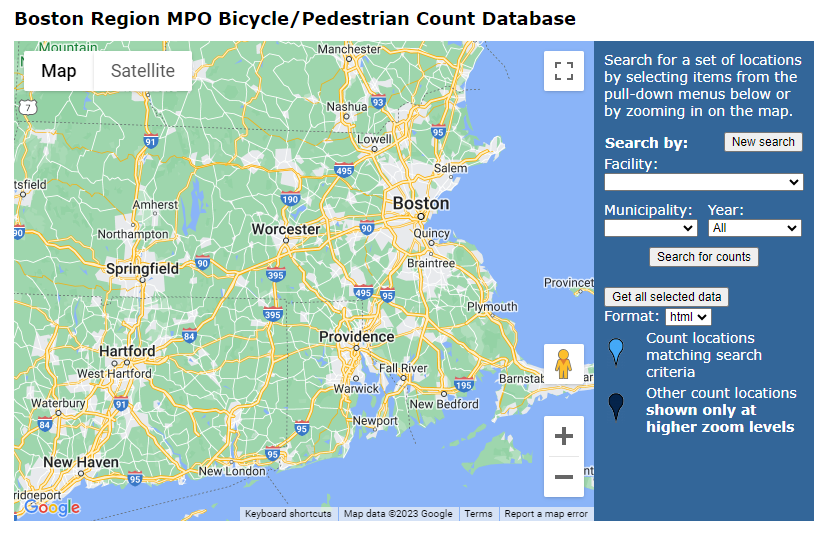 Screenshot of the 2009 Count Data Application’s Initial View. An image that illustrates what the Boston Region MPO’s 2009 Bicycle and Pedestrian Count Data Application looked like upon opening. The map within the window is zoomed out to show a considerable portion of Massachusetts and Connecticut, some of New Hampshire and Vermont, and all of mainland Rhode Island. At this extent, the map does not include points to indicate where data has been collected. To the right are dropdown menus for Facility, Municipality, Year, and Format.